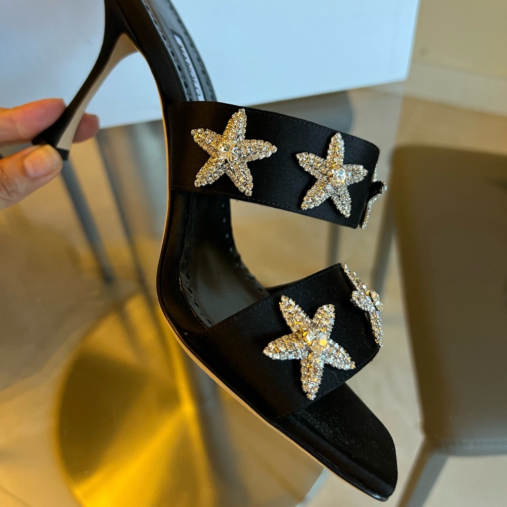 Manolo Blahnik leather and Satin heel sandals with crystal star embellishments